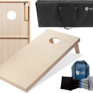 Regulation size cornhole set solid wood front view on white background.