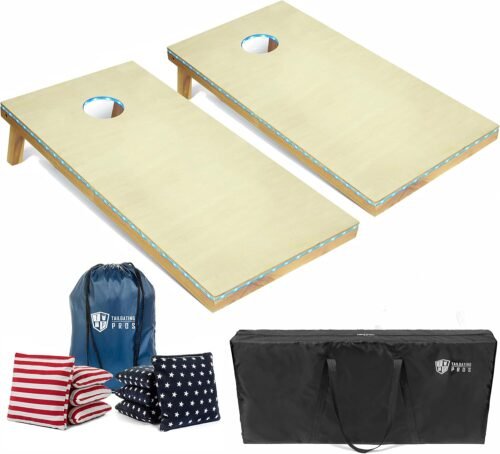 Regulation 4x2 cornhole set with LED lights illuminated in dark setting, featuring custom direct print design and double-stitched bean bags.