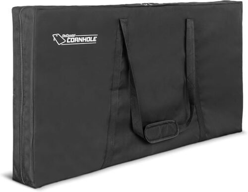 Black heavy duty cornhole carrying case with padded shoulder strap holding two regulation size boards.