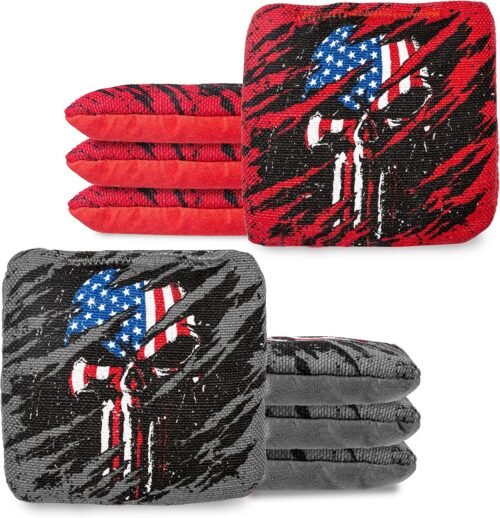 Set of weather-resistant Resin filled cornhole bags in regulation 6x6 inch size made from durable duck cloth for outdoor tournament play.