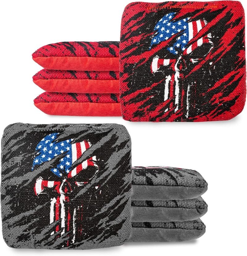 Set of weather-resistant Resin filled cornhole bags in regulation 6x6 inch size made from durable duck cloth for outdoor tournament play.