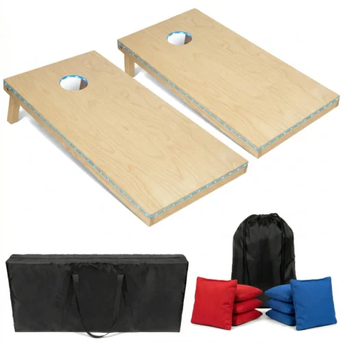 Regulation 4x2 cornhole set with LED lights illuminated in dark setting, featuring custom direct print design and double-stitched bean bags.