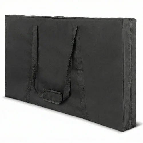 Black heavy duty cornhole carrying case with padded shoulder strap holding two regulation size boards.