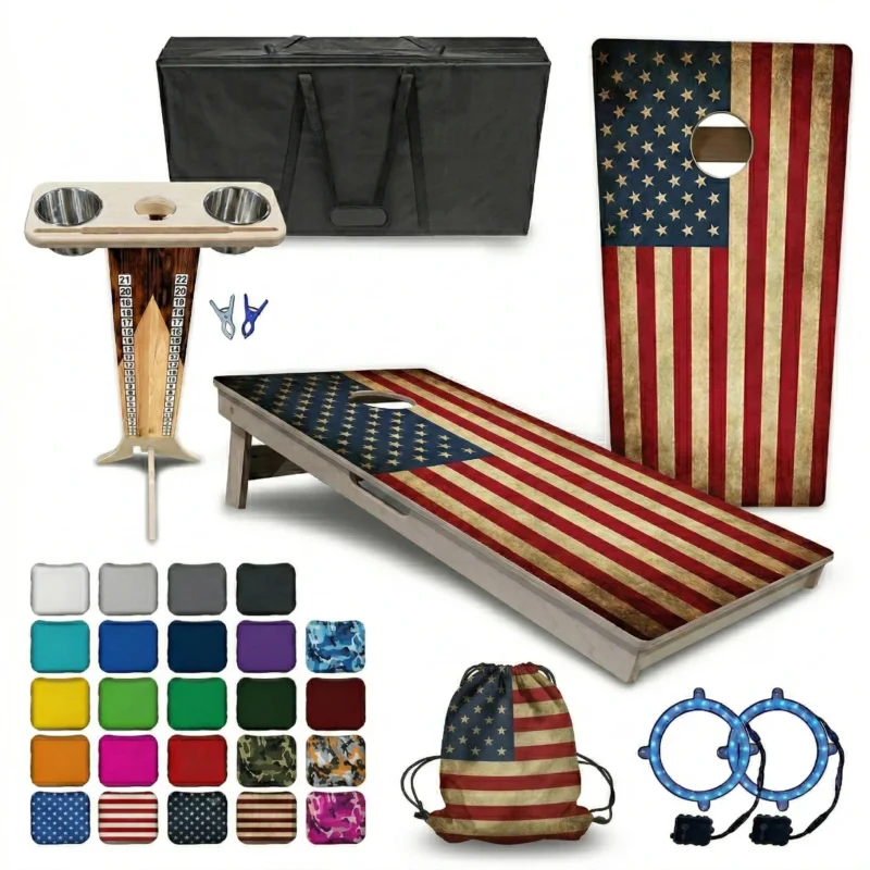 Regulation size tournament cornhole sets made from 3/4 inch baltic birch plywood with custom UV printed design and dual cross bracing for professional play.