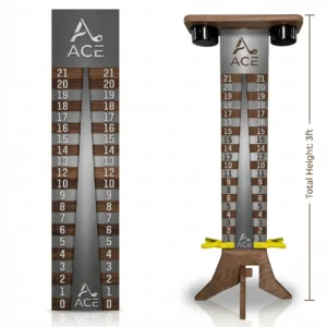 3ft tall professional Cornhole score board made of 3/4 inch Cabinet Grade Birch plywood with integrated stainless steel cup holders and hardware-free assembly.