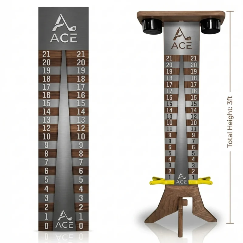 3ft tall professional Cornhole score board made of 3/4 inch Cabinet Grade Birch plywood with integrated stainless steel cup holders and hardware-free assembly.