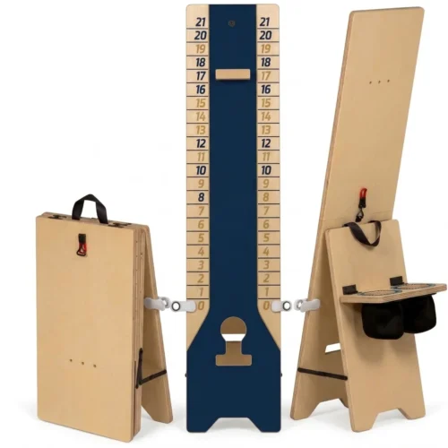 Custom branded 36-inch vertical cornhole score board made of black powder-coated steel with sliding markers for professional tournament scoring.