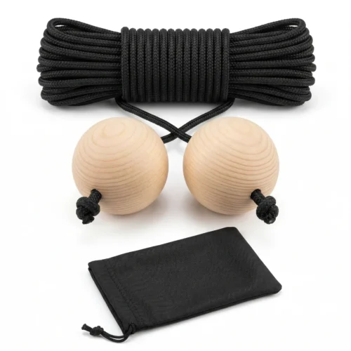 A premium Cornhole distance cord featuring smooth pine wood balls and a durable nylon rope, lying next to a black drawstring storage bag for regulation 27-foot setups.