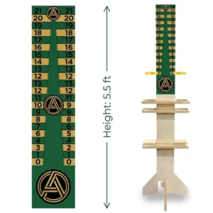 Outdoor 5.5ft standing Cornhole score keeper displaying clear UV-printed numbers, dual drink holders, and bottom storage shelf.