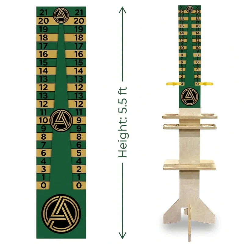 Outdoor 5.5ft standing Cornhole score keeper displaying clear UV-printed numbers, dual drink holders, and bottom storage shelf. Outdoor 5.5ft standing Cornhole score keeper displaying clear UV-printed numbers, dual drink holders, and bottom storage shelf.