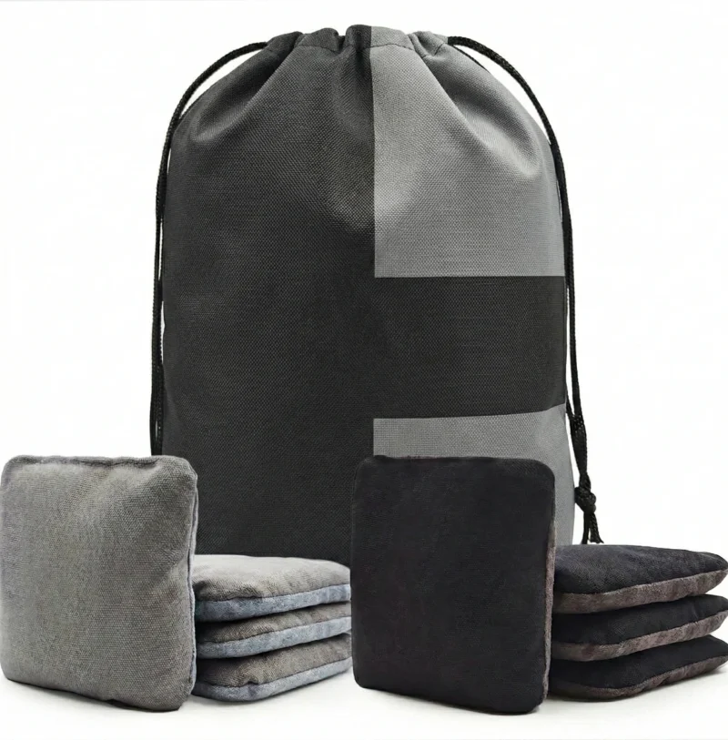 Professional double sided cornhole bags filled with plastic particles, featuring suede and woven fabric surfaces for wholesale. Professional double sided cornhole bags filled with plastic particles, featuring suede and woven fabric surfaces for wholesale.
