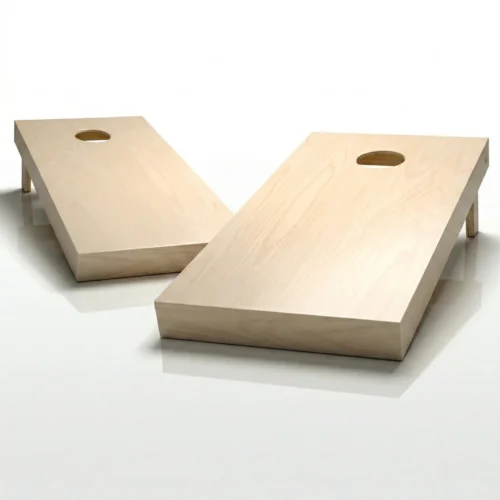 Pair of wooden Cornhole boards regulation size featuring Wyoming Cowboys style swoosh design with folding legs and bean bags on grass.