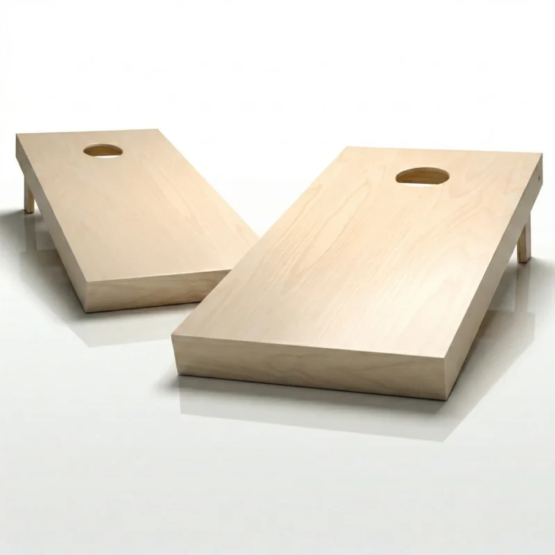 Pair of wooden Cornhole boards regulation size featuring Wyoming Cowboys style swoosh design with folding legs and bean bags on grass.