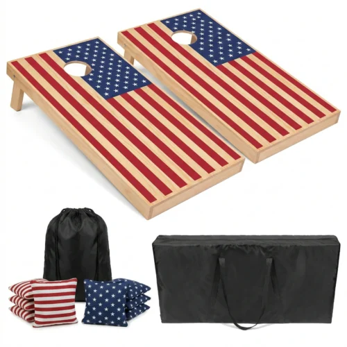 Regulation size Custom cornhole set featuring solid wood construction and UV printed vintage flag design with carrying case.