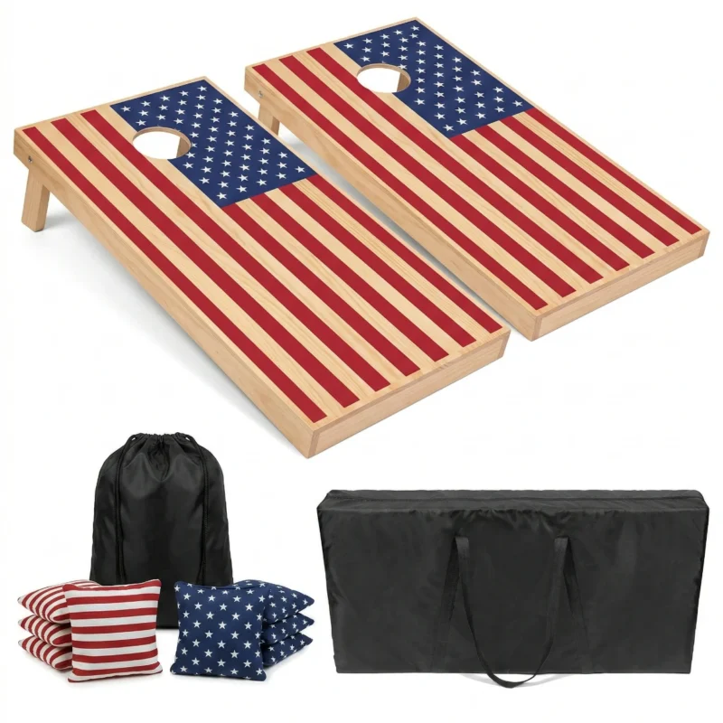 Regulation size Custom cornhole set featuring solid wood construction and UV printed vintage flag design with carrying case. Regulation size Custom cornhole set featuring solid wood construction and UV printed vintage flag design with carrying case.