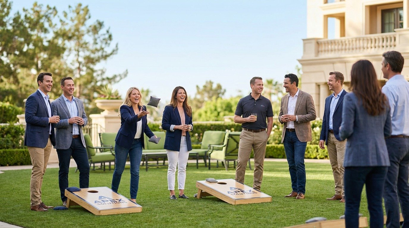 Corporate retreat branded cornhole boards for team building