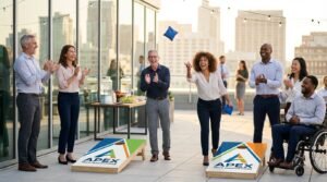 Corporate retreat team building scene with branded cornhole boards