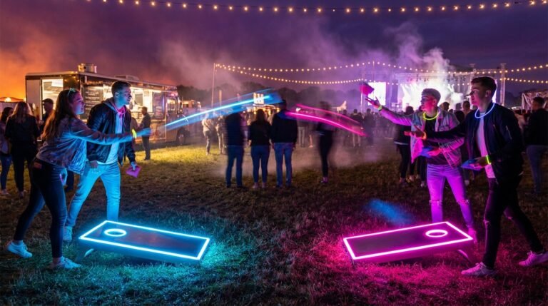 LED cornhole boards at a summer festival night venue