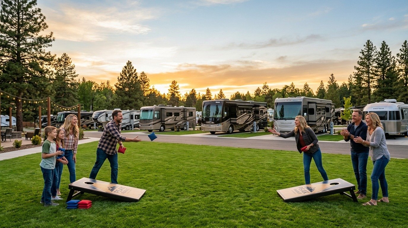 All-weather cornhole boards set up for RV park guests in an outdoor hospitality setting