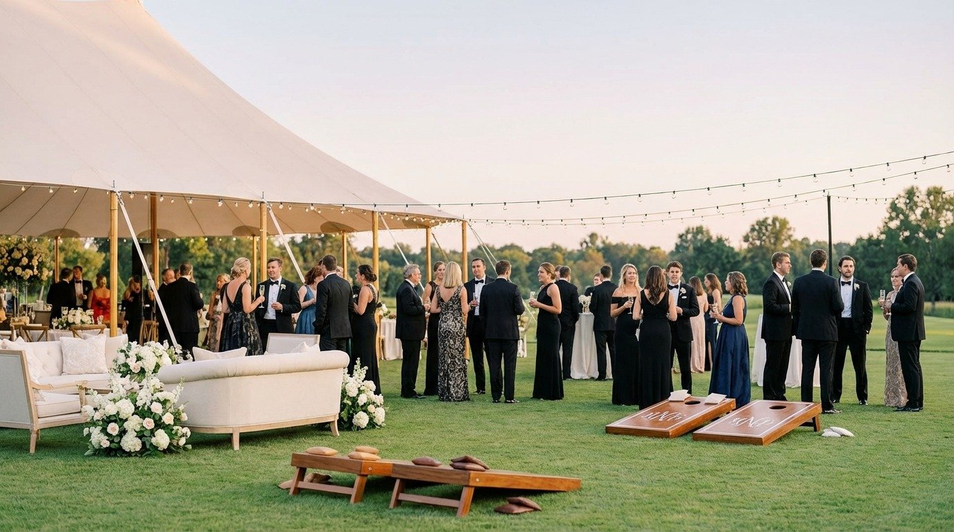 Custom wedding cornhole boards for outdoor venue rentals