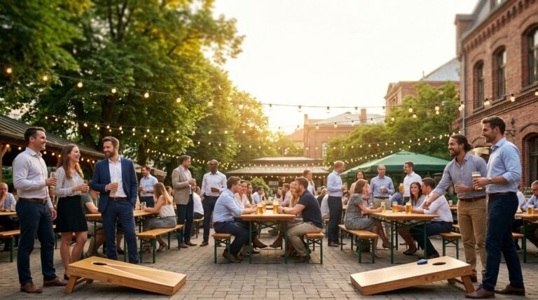 American cornhole set in a European pub beer garden for summer group bookings