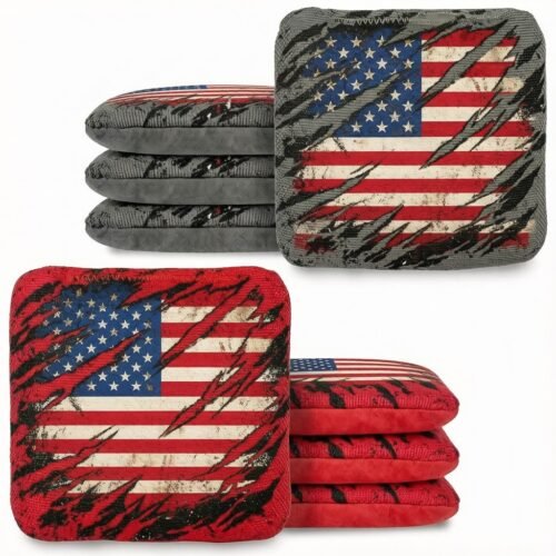 Tournament-style double-sided cornhole bags with fast and slow play surfaces.