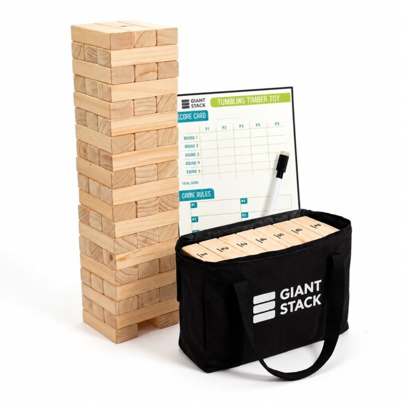 Oversized giant tumble tower built from 56 solid New Zealand pine blocks with sanded and rounded edges.