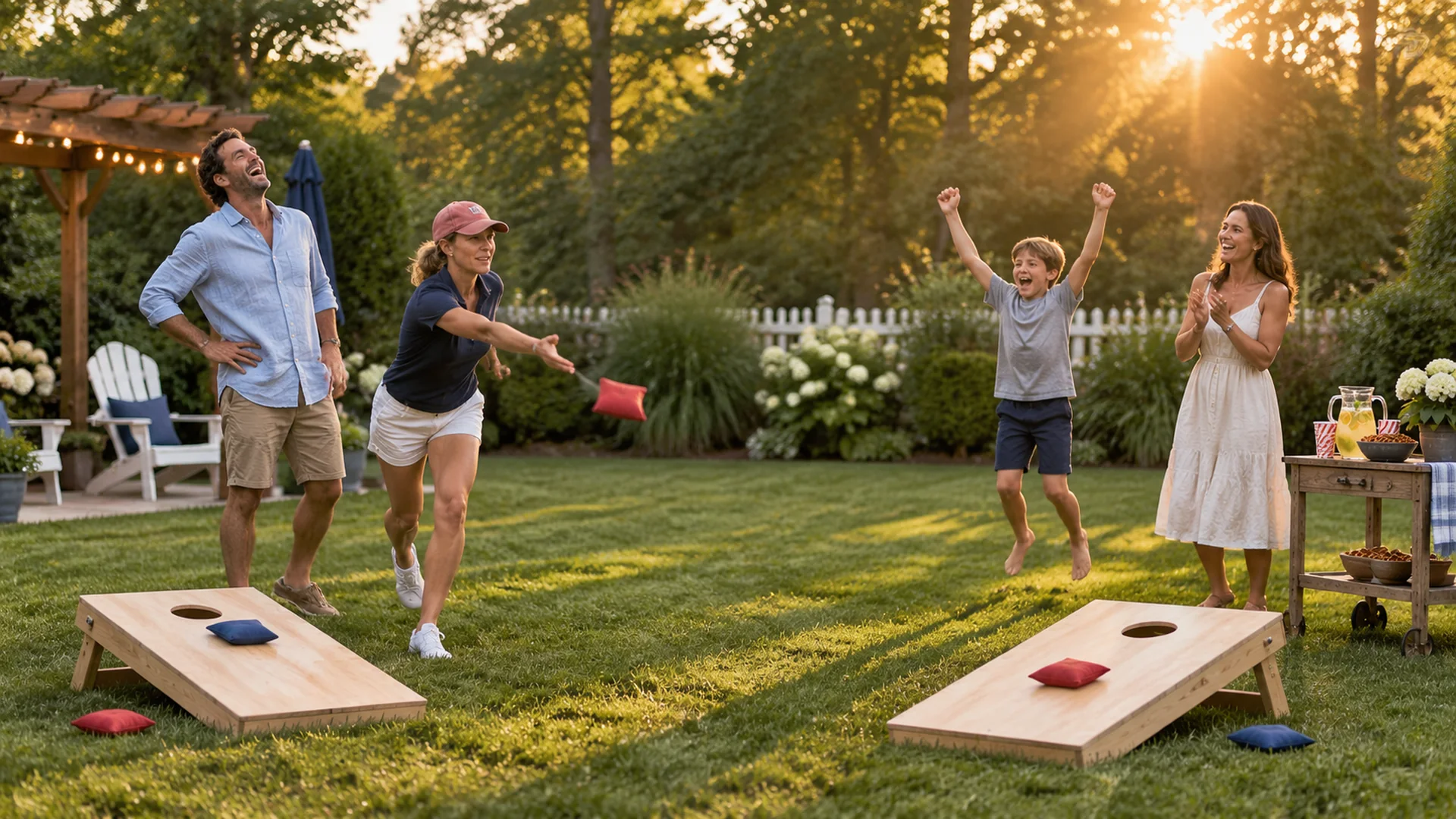 An American family playing cornhole together in their backyard at golden hour, string lights overhead and two natural raw pine cornhole boards with cloth bean bags on the lawn