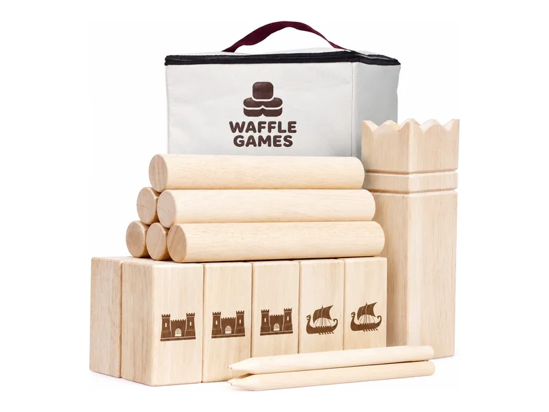 Wooden kubb set with a Waffle Games carry bag