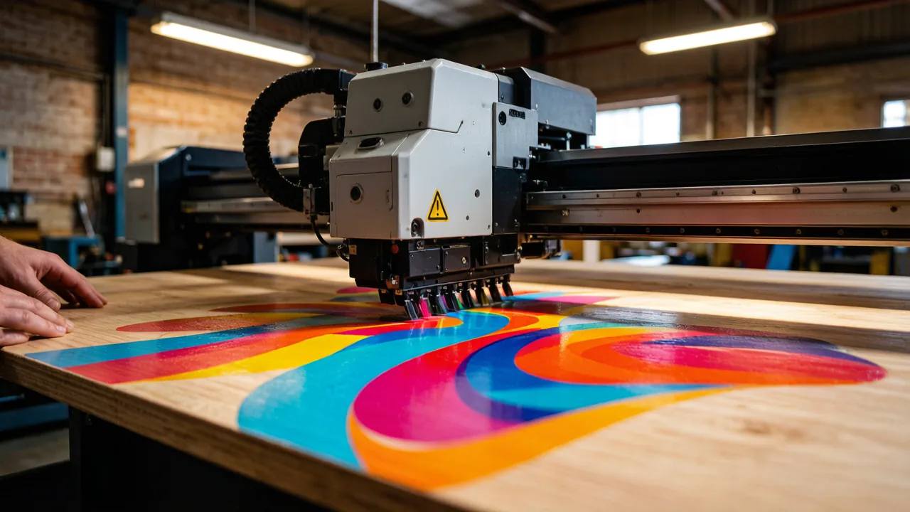 Flatbed UV printer printing a colourful pattern onto a wooden board