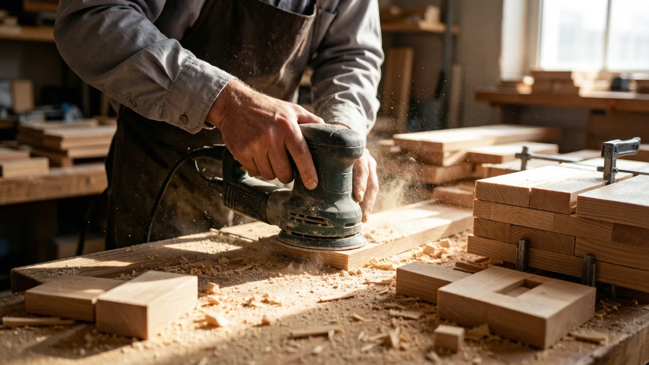 Worker sanding a wooden board inside the Waffle Games workshop