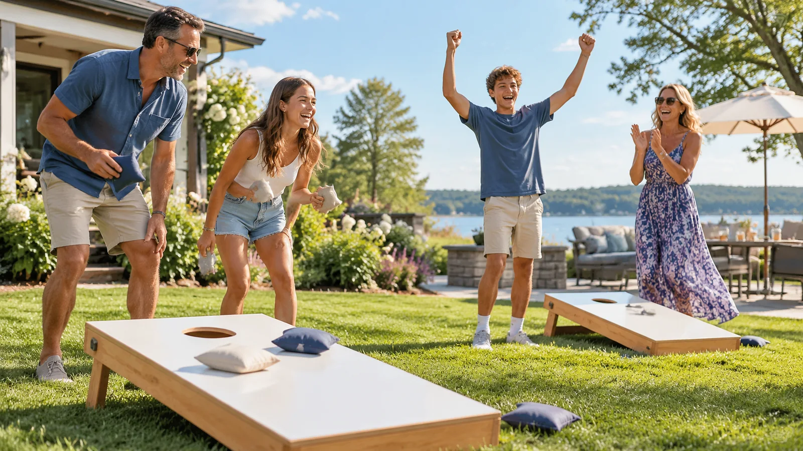 Two wooden cornhole boards on a bright green lawn under a blue summer sky with white clouds, a red bag mid flight and friends celebrating in the distance