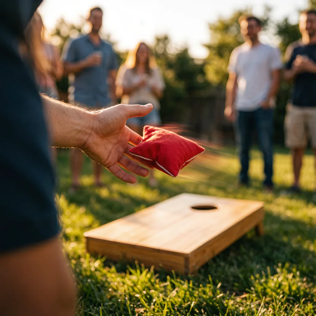 Hand releasing a red cornhole bag toward a board at golden hour