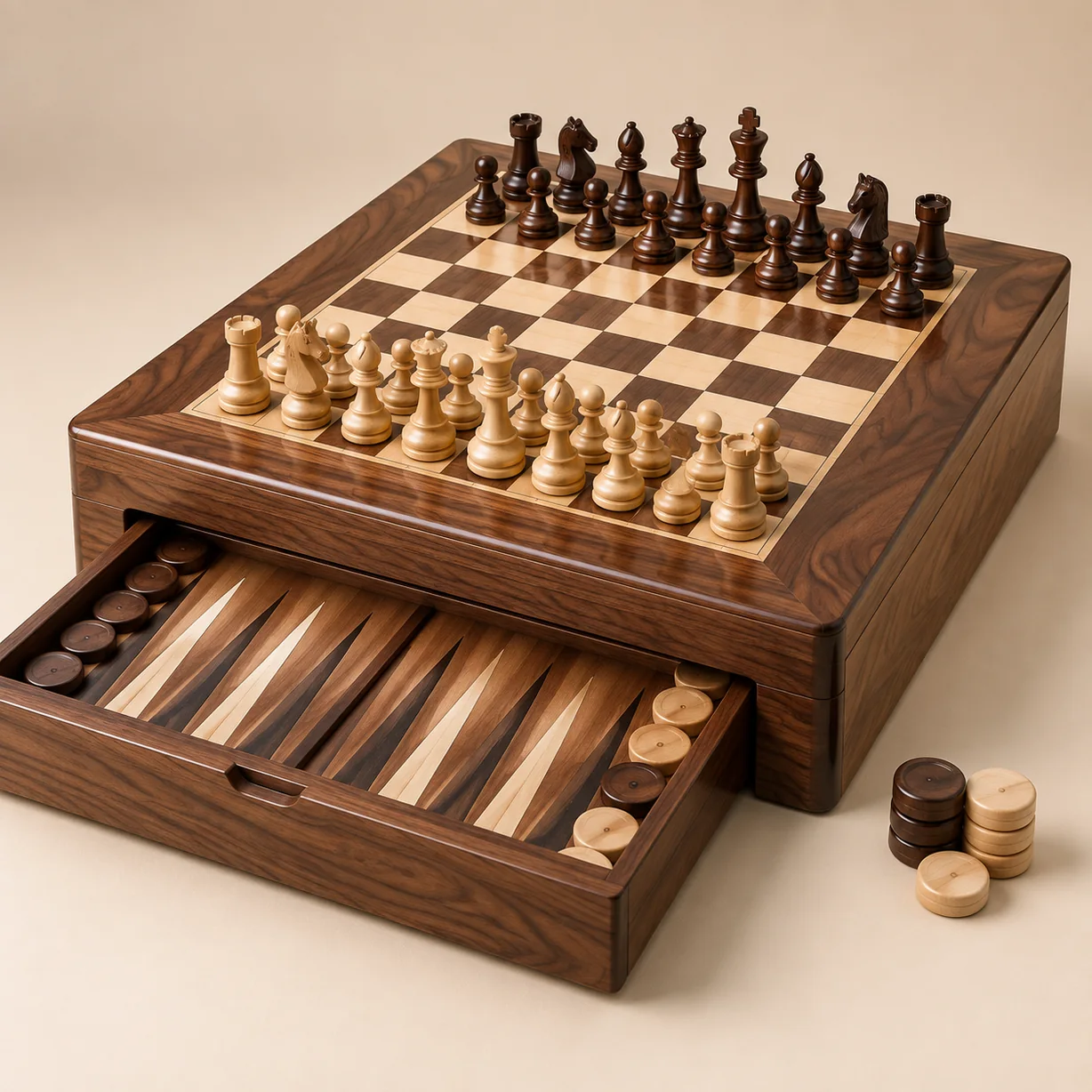 Walnut tabletop chess, checkers and backgammon sets