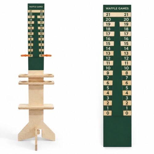 CHA-SCORE-ELITE-66 Outdoor 5.5ft standing Cornhole score keeper displaying clear UV-printed numbers, dual drink holders, and bottom storage shelf.