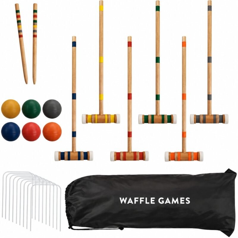 Classic 28 in Hardwood Croquet. Built with hardwood handles and mallet heads. The game measures 28 in handles / 8 in mallet heads.