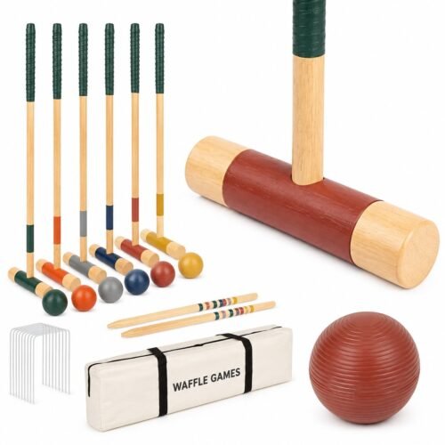 Deluxe 35 in Hardwood Croquet. Built with premium hardwood mallets. The game measures 35 in handles / 3 in, 10 oz balls.