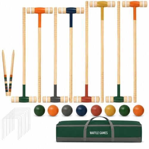 Dual-Size 8-Player Croquet. Built with pinewood and eucalyptus mallets. The game measures 28 in + 32 in mallet formats.
