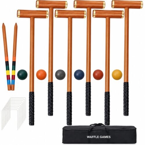 Retro Rubberwood Croquet. Built with rubberwood heads / New Zealand pine handles. The game measures 35 in mallets / 24 in end stakes.