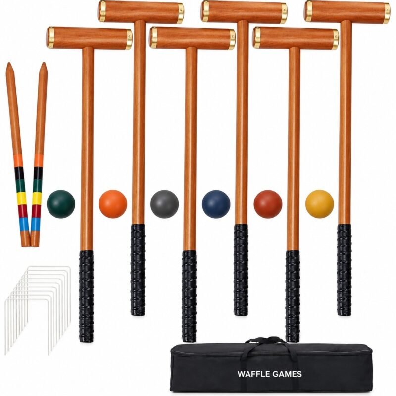 WG-CRQ-004 Retro Rubberwood Croquet. Built with rubberwood heads / New Zealand pine handles. The game measures 35 in mallets / 24 in end stakes.