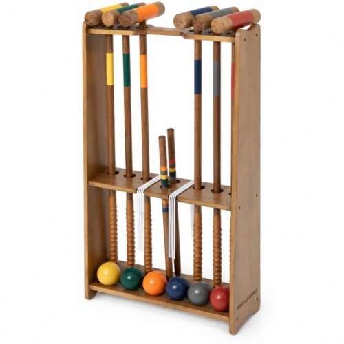 Premium Display Stand Croquet. Built with stained hardwoods with hardened resin balls. The game measures 35 in mallets / 3 in, 10 oz balls.
