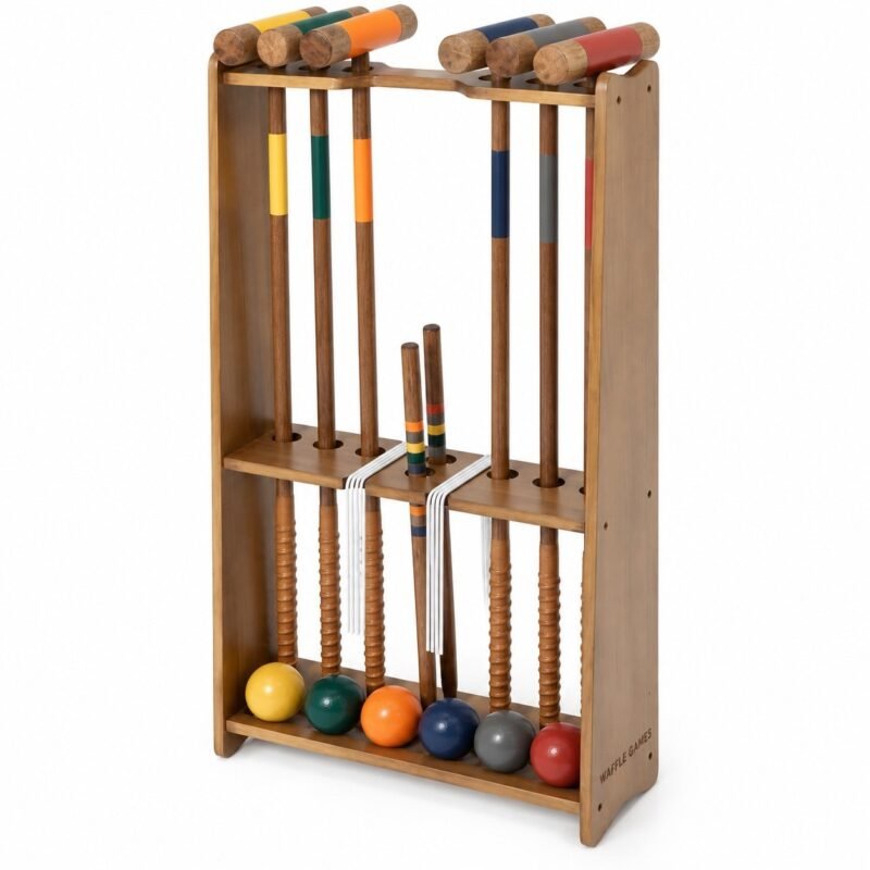 WG-CRQ-005 Premium Display Stand Croquet. Built with stained hardwoods with hardened resin balls. The game measures 35 in mallets / 3 in, 10 oz balls.