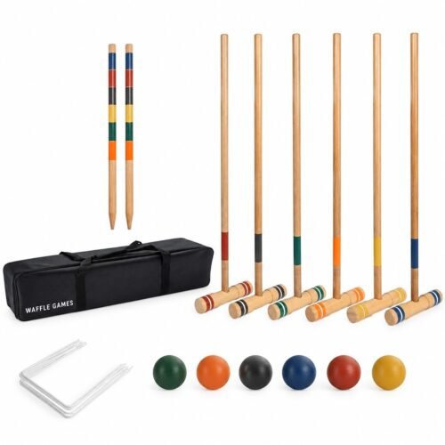 Oakwood Deluxe Croquet. Built with hardwood handles with Thailand oakwood heads. The game measures 36 in handle / 9.25 x 2 in mallet head.