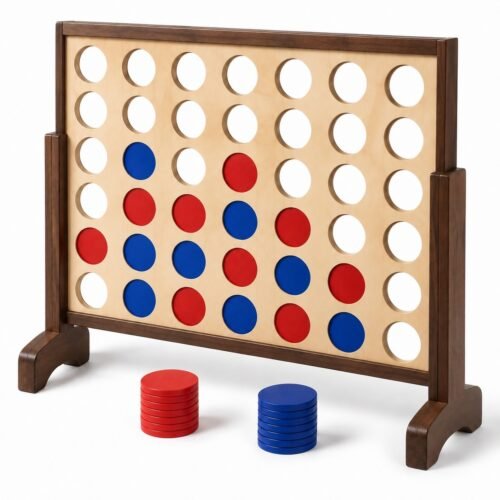 Stained Wooden 4 in a Row. Built with wooden board and frame. The game measures 31 in W x 23 in H. Stained finished legs with slide-out bottom bar.
