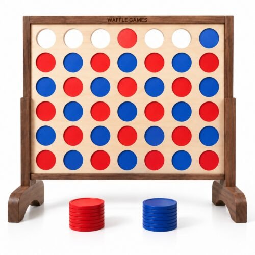 3 FT Classic Wooden 4 in a Row. Built with solid wood. The game measures 3 ft width. Portable knock-down wooden frame.