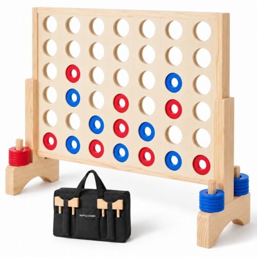 New Zealand Pine 4 in a Row. Built with new Zealand pine. The game measures 26 in W x 22 in H. Removable legs with rounded wooden components.
