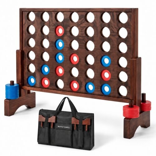 Vintage Pine 4 in a Row. Built with pine wood. The game measures 26 in W x 22 in H. Reddish-brown finish with rounded edges.