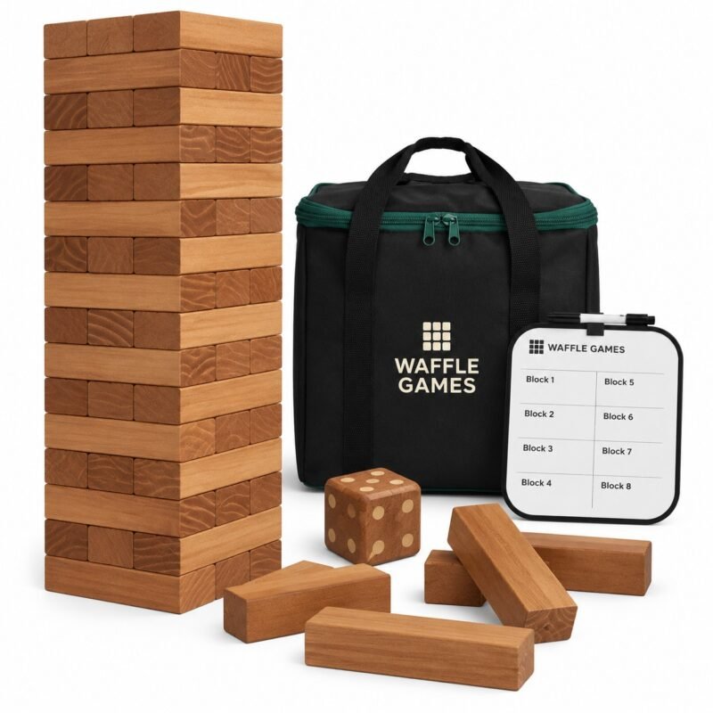 WG-GTT-002 54-Block Classic Tower. Built with hardwood. Each block measures 5.9 x 2.0 x 1.2 in / block. All 12 edges sanded and rounded.