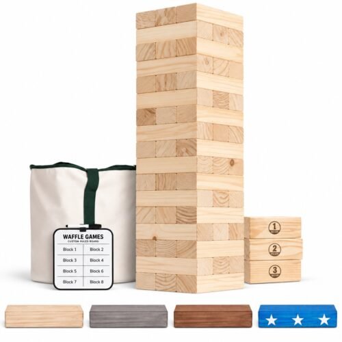 WG-GTT-003 54-Block Event Tower. Built with new Zealand pine. Each block measures 7.2 x 2.4 x 1.5 in / block. All 12 edges sanded and rounded.