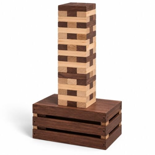 60-Block Tower with Wooden Crate. Built with new Zealand pine. Each block measures 7.0 x 2.31 x 1.12 in / block. All 12 edges sanded and rounded.